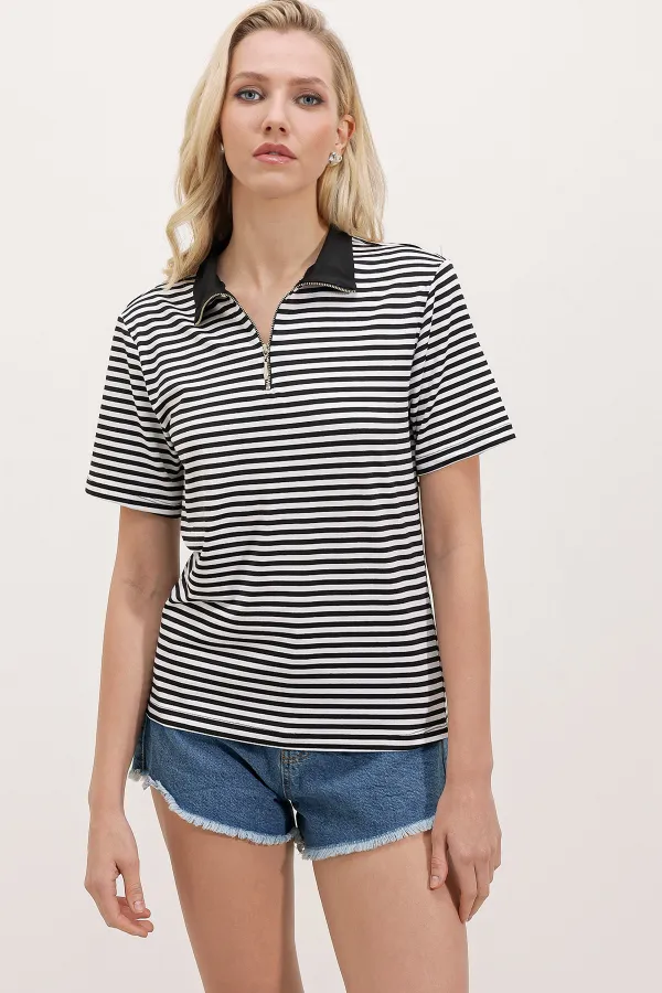 Women's Black Polo Collar Zippered Striped T-Shirt 0497