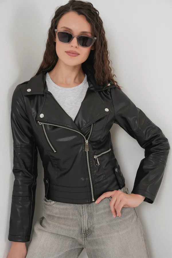 1025 Suni Deri Biker Ceket - Siyah