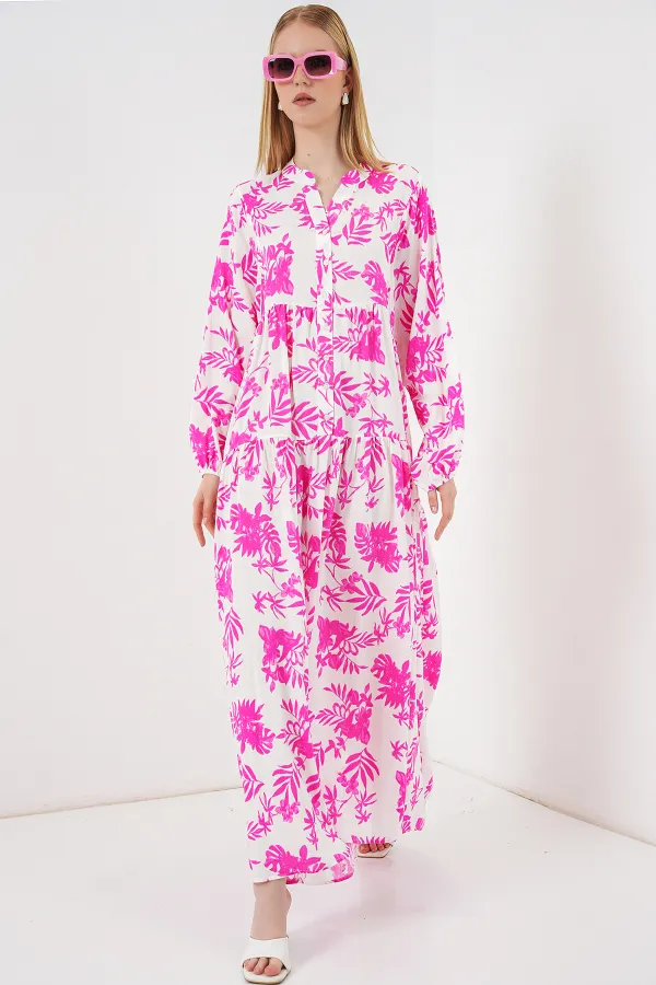 Women's Patterned Long Hijab Dress 2585 - Pink