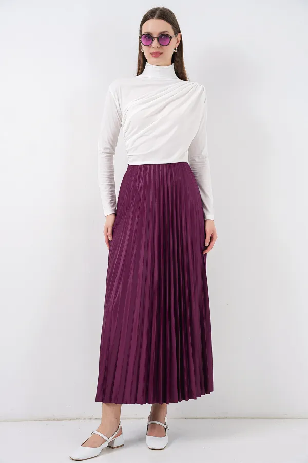 8009 Deri Görünümlü Piliseli Etek - Mor