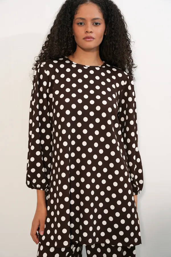 Women's Tunic and Pants Polka Dot Top and Bottom Set 6663 - Dark Brown