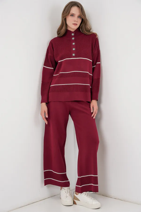 Kadın Çizgili Oversize Triko İkili Takım 15957 - Bordo