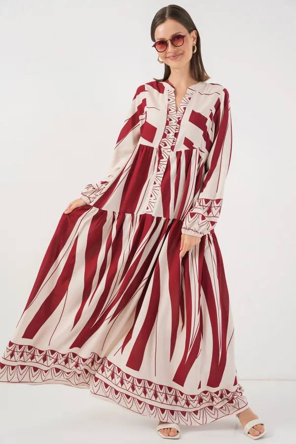 Robe longue hijab à motifs pour femme 2585 - Bordeaux