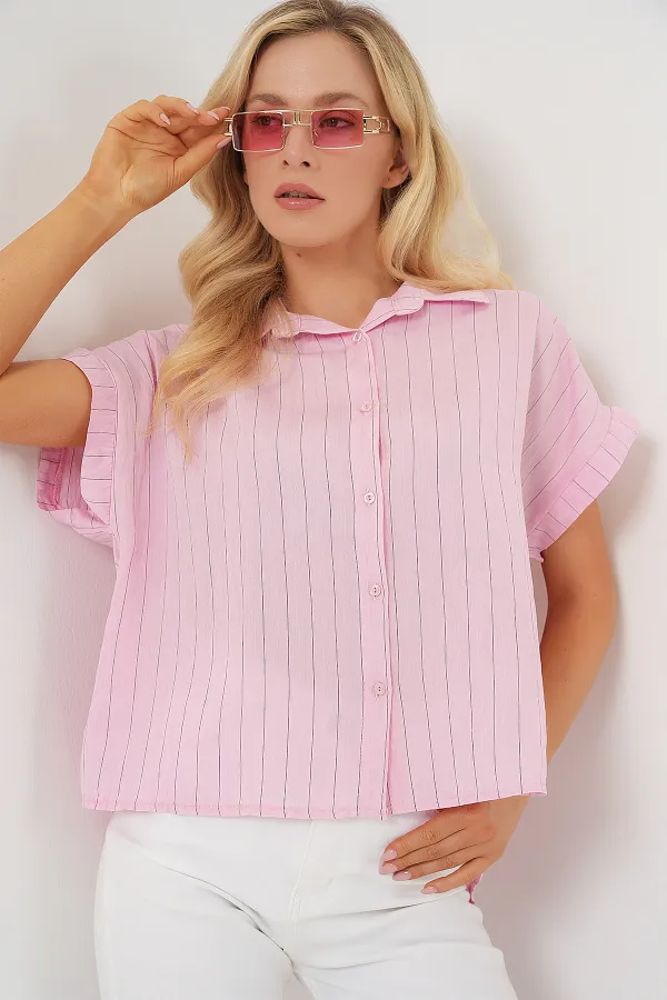 Women's Striped Short Sleeve Shirt 20327 - Pink