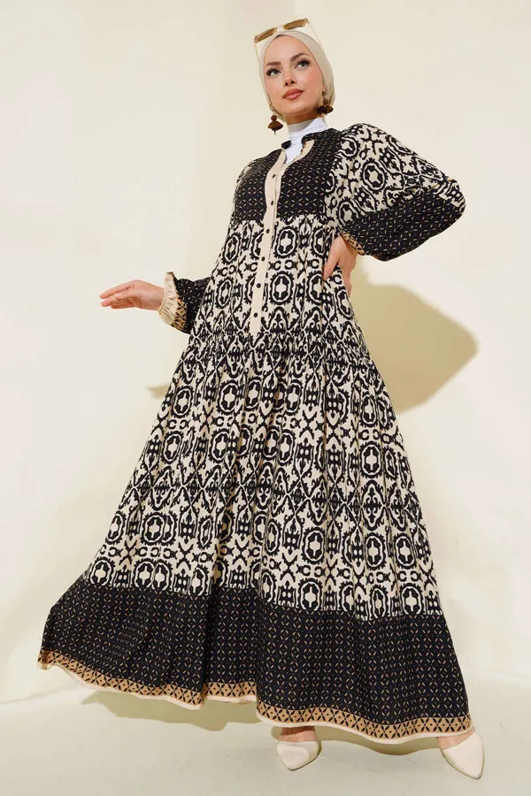 Robe hijab en viscose à motifs crème et noir pour femme 2423