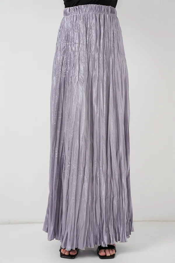 Women's Long Crinkle Shiny Skirt 8034 - Gray