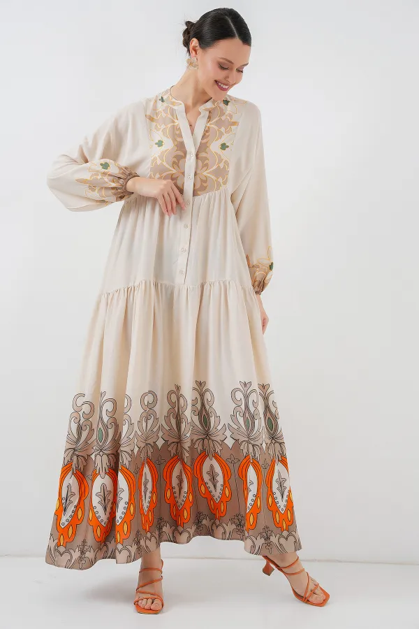 2423 Otantik Desenli Tesettür Elbise - T. Ekru