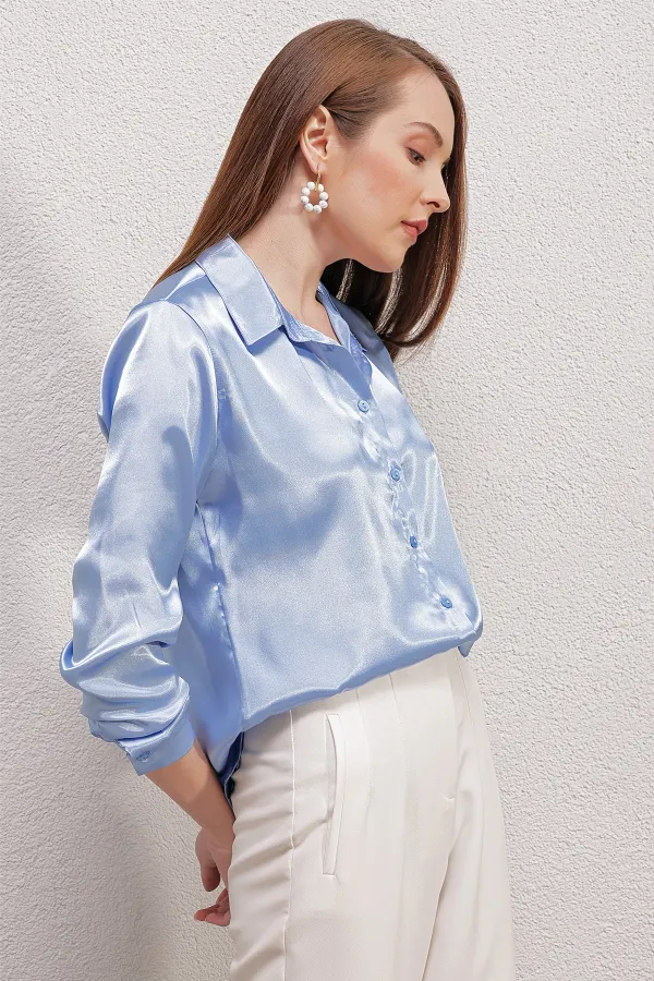 3964 Lightly Flowing Satin Shirt - Blue 3964 Lightly Flowing Satin Shirt - Blue