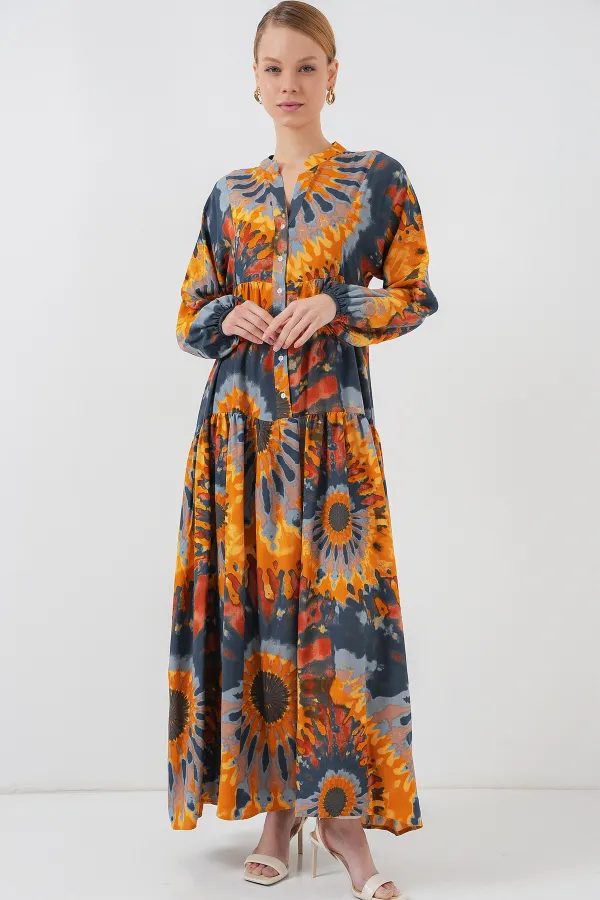 2423 Otantik Desenli Tesettür Elbise - L. Turuncu