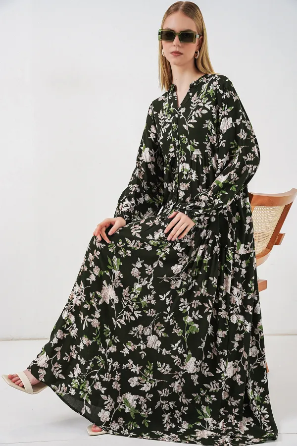 Kadın Desenli Uzun Tesettür Elbise 2585 - Koyu Haki