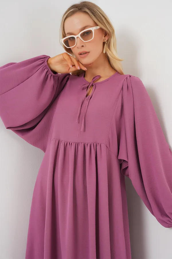 Women's Balloon Sleeve Long Hijab Dress 2464 - Rose Pink