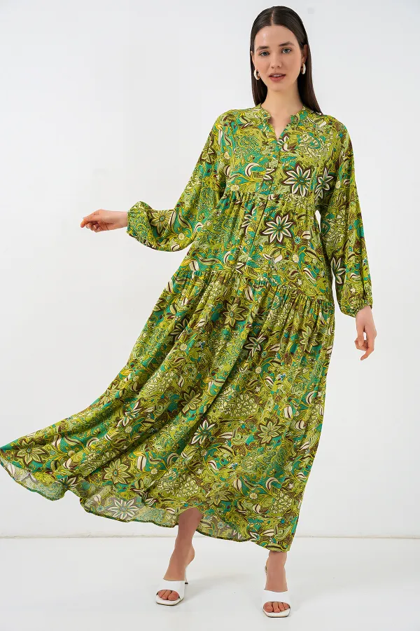 Kadın Desenli Uzun Tesettür Elbise 2585 - G.Yeşil