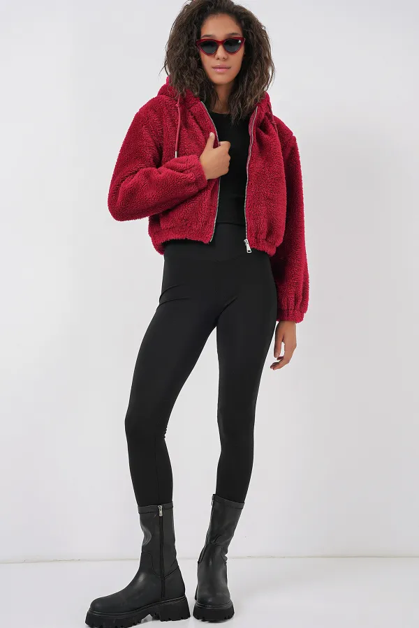 5193 Hooded Plush Crop Jacket - Claret Red