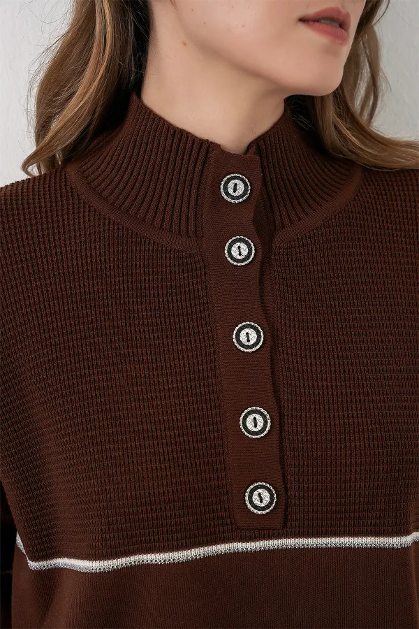 Kadın Çizgili Oversize Triko İkili Takım 15957 - Kahverengi