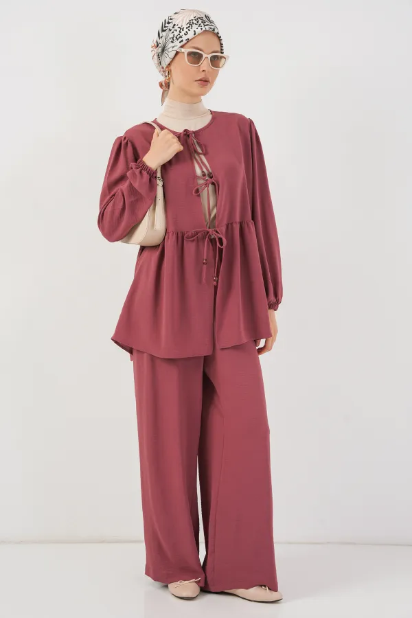 Kadın Önü Bağcıklı Tunik Pantolon İkili Takım 6744 - Gül Kurusu