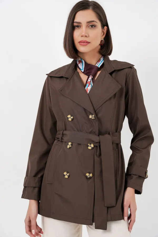 Women's Belted Short Trench Coat 5982 - Brown Women's Belted Short Trench Coat 5982 - Brown