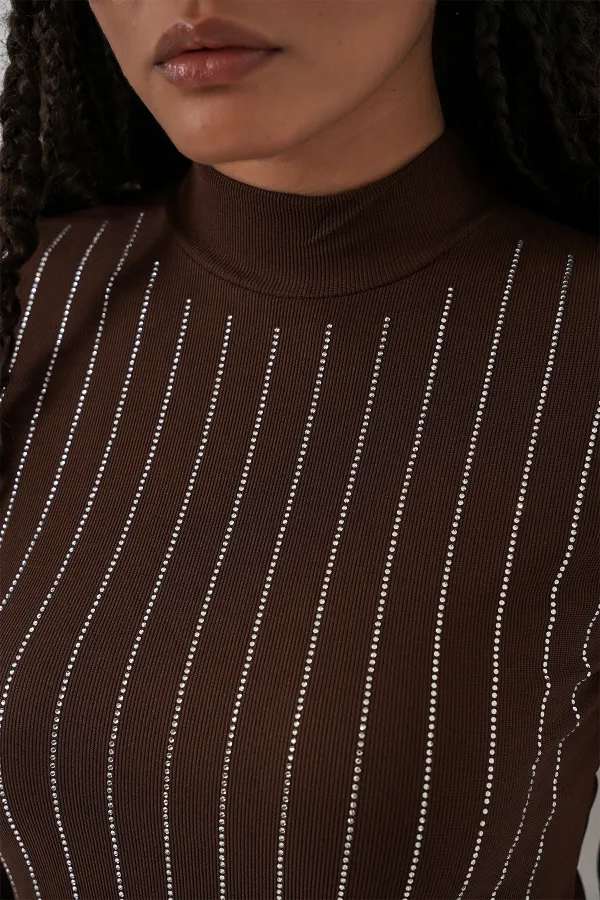 922 Taşlı Body - Kahverengi