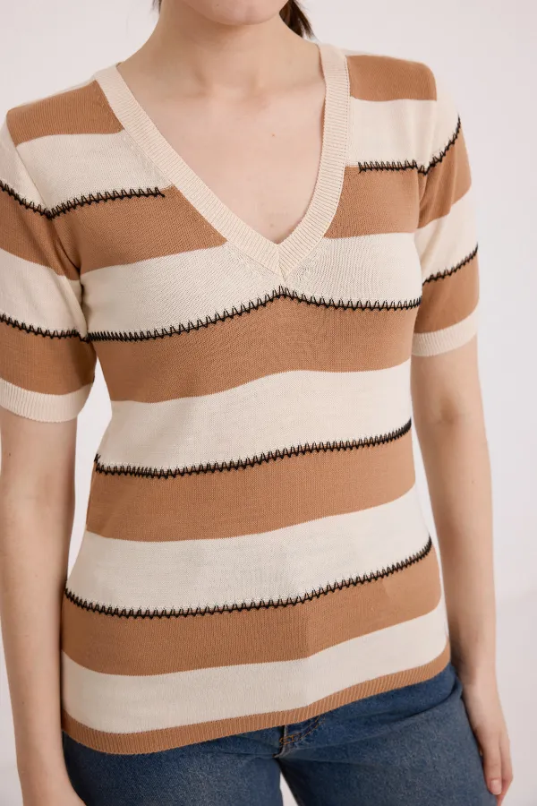 Chemisier rayé crème biscuit à manches courtes pour femme 15869