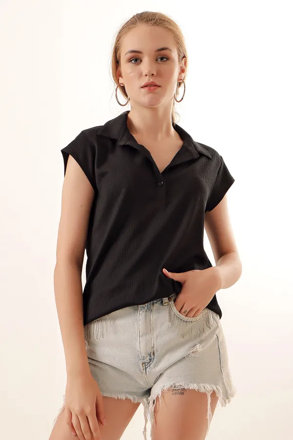 20123 Polo Collar Knitted Blouse - Black