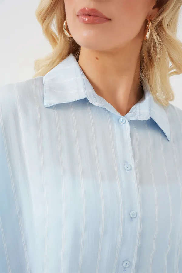 Kadın Çizgili Oversize Gömlek 20293 - Mavi