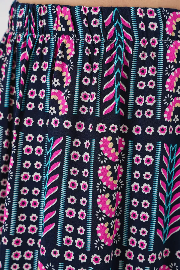 Women's Patterned Long Skirt 8053 - Navy Blue