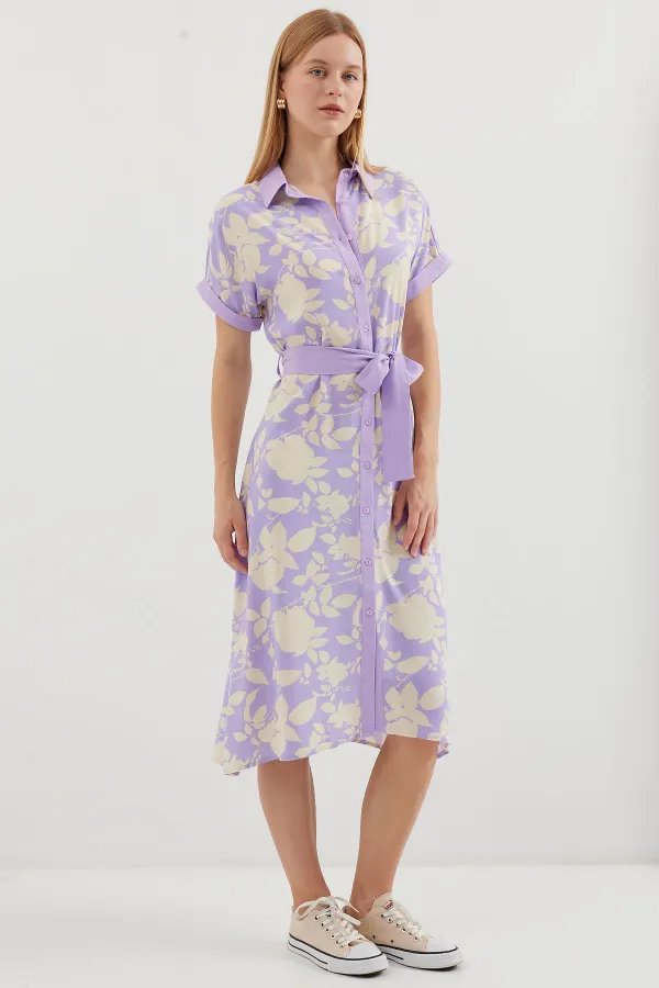 2455 Patterned Shirt Dress - Lilac