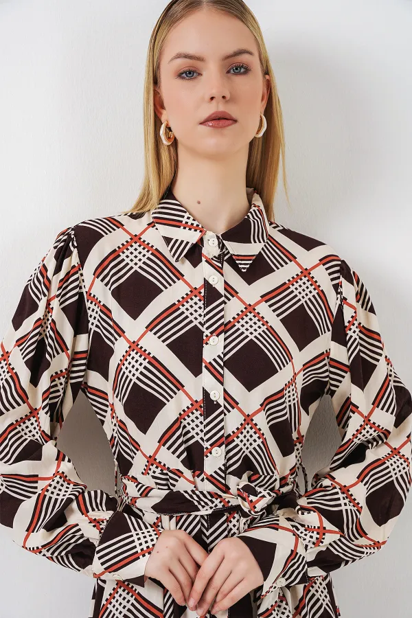 Kadın Boydan Düğmeli Uzun Tesettür Elbise 2588 - Kahve Bej