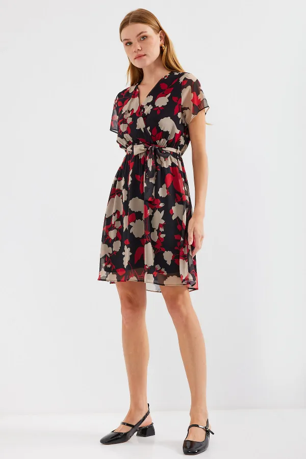 Robe courte en mousseline à motifs, manches courtes, couleur bordeaux (réf. 2502)