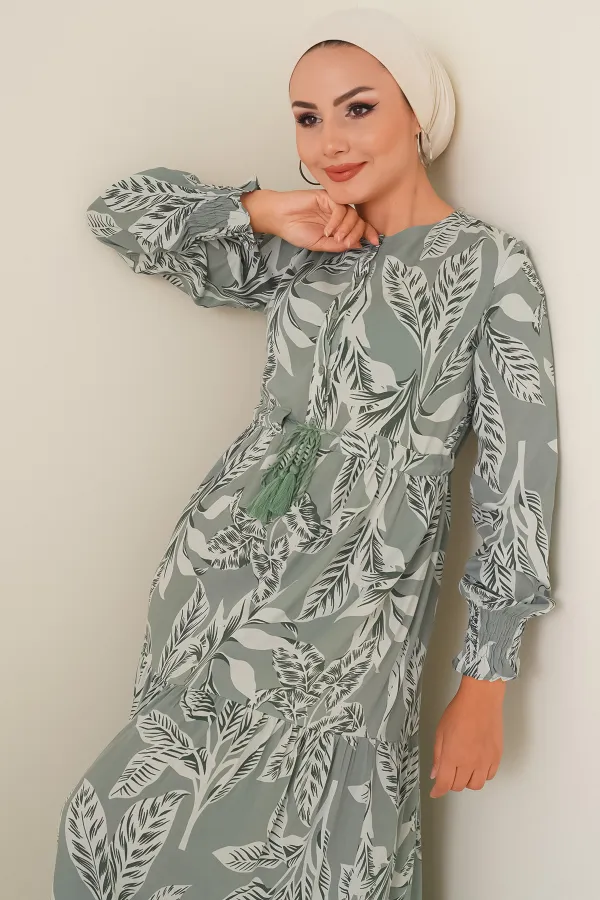 2145 Desenli Tesettür Elbise - Çağla
