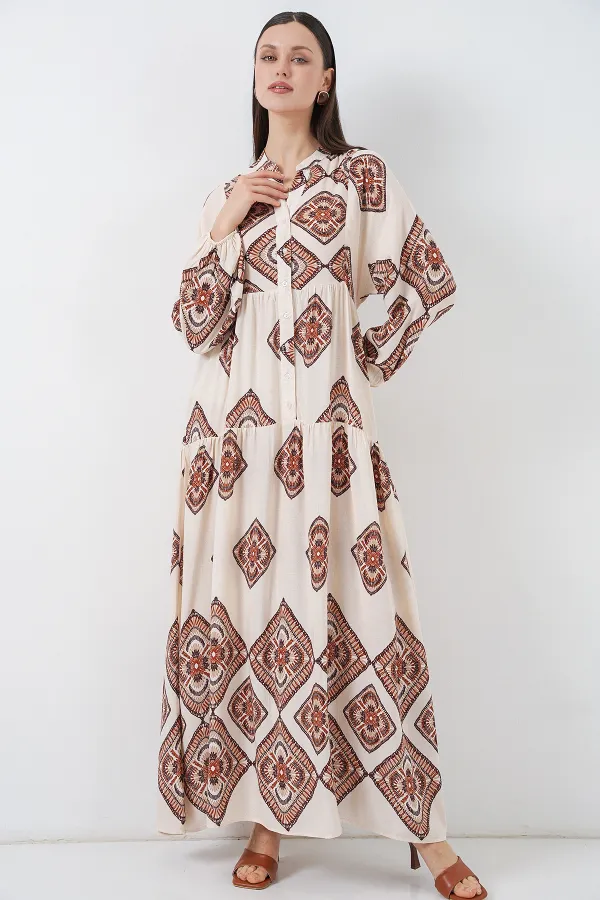 Kadın Desenli Uzun Tesettür Elbise 2585 - Ekru Kahve