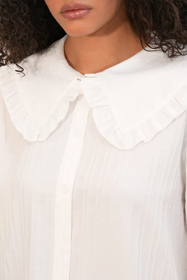 Women's Wide Collar Ruffle Detail Striped Tunic Shirt 5993 - White