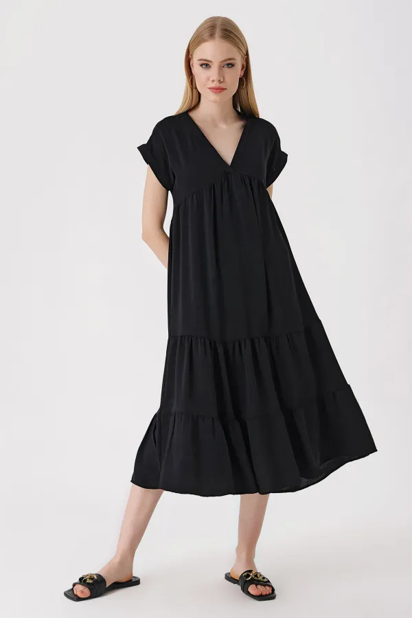 2398 V-Neck Ruffled Dress - Black