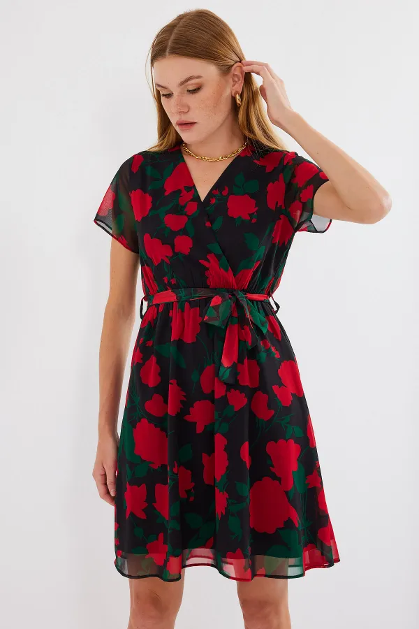 Robe courte en mousseline à motifs, manches courtes, noire (réf. 2502)