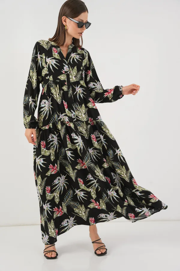 Kadın Desenli Uzun Tesettür Elbise 2585 - K. Siyah