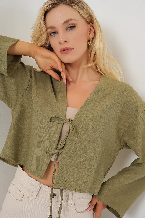 Önü Bağlamalı Keten Kimono 960 - Çağla