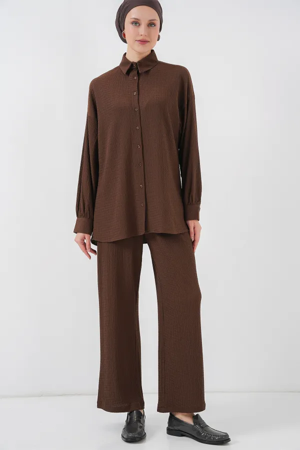 Women's Knitted Hijab Top and Bottom Set 6711 - Brown