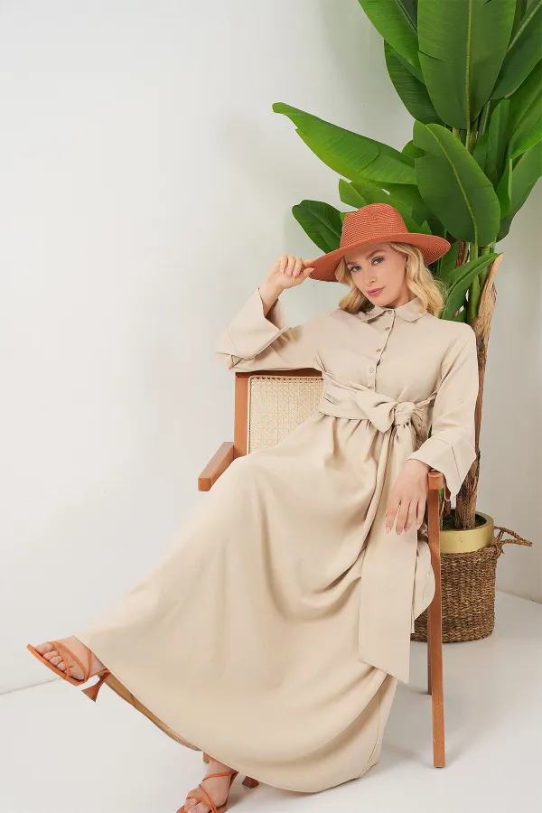 Women's Tie-Front Linen Dress 2574 - Beige