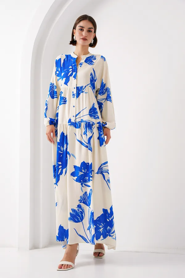 2423 Authentic Patterned Hijab Dress - A.Ecru