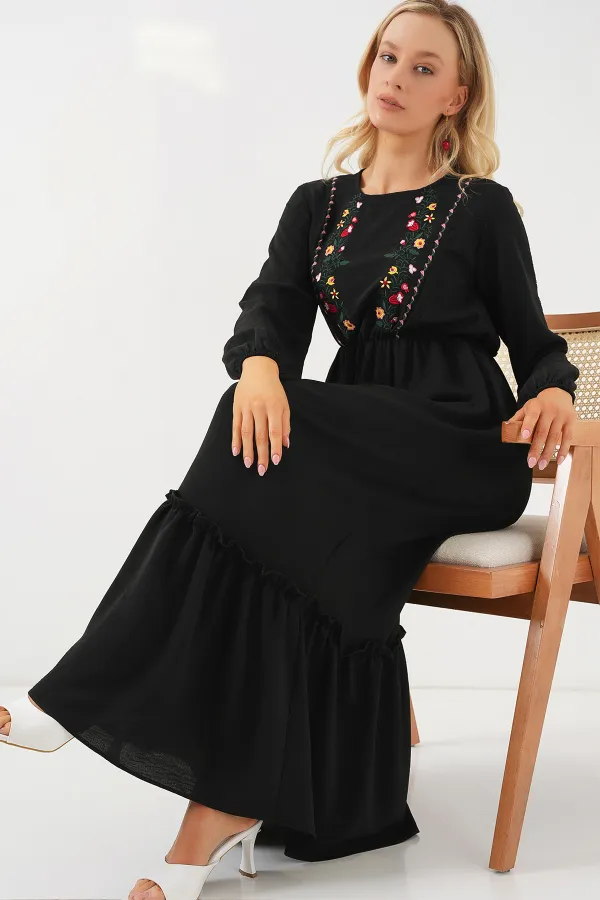 Kadın Nakışlı Uzun Tesettür Elbise 2550 - Siyah