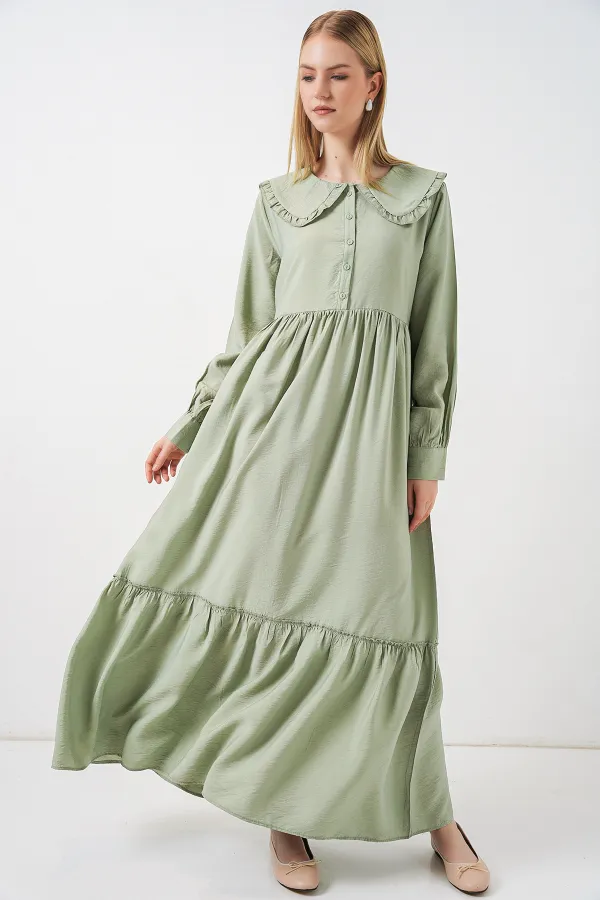 Kadın Bebe Yaka Uzun Tesettür Elbise 2592 - E.Yeşil