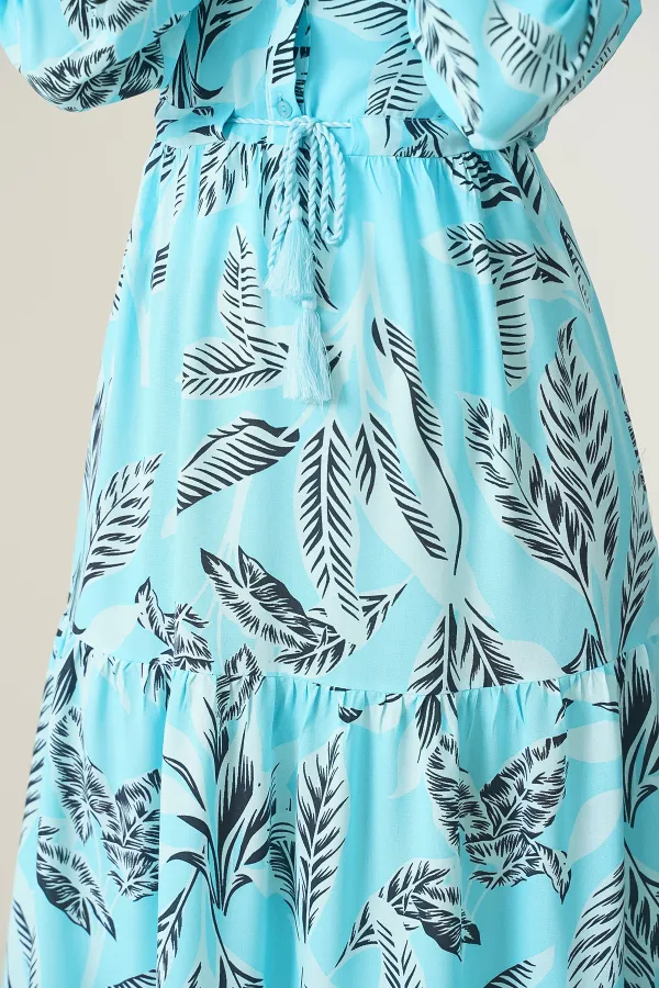 2145 Desenli Tesettür Elbise - Turkuaz