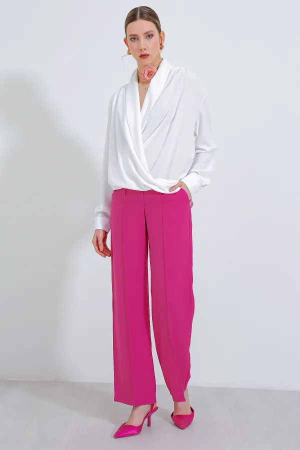 Chemisier fluide en satin blanc à double boutonnage pour femme 0492