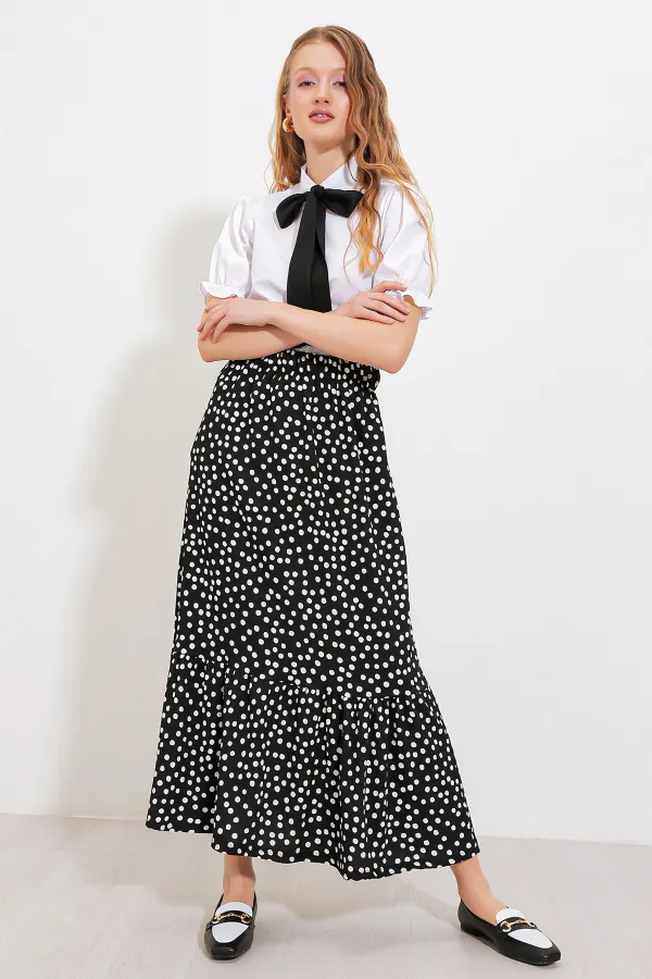 Women's Black and White Polka Dot Long Knitted Skirt 1886