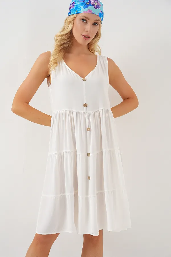 Women's Zero Sleeve Button Short Dress 2571 - White