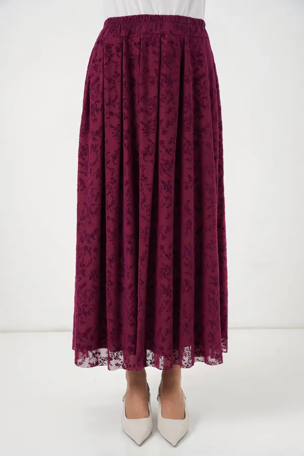 Kadın Flok Baskılı Astarlı Etek 8069 - Mürdüm