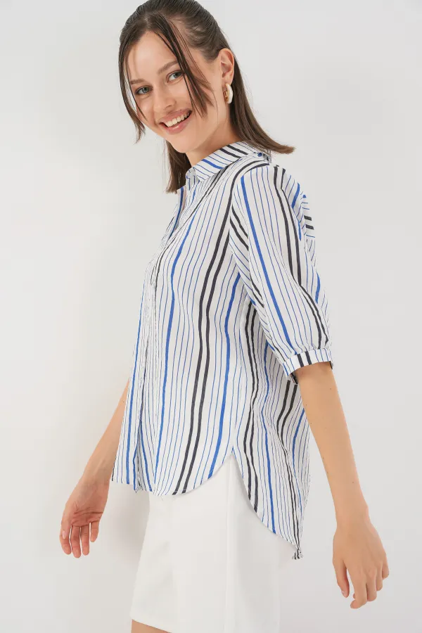 Chemise rayée à manches courtes pour femme 20345 - Bleu marine
