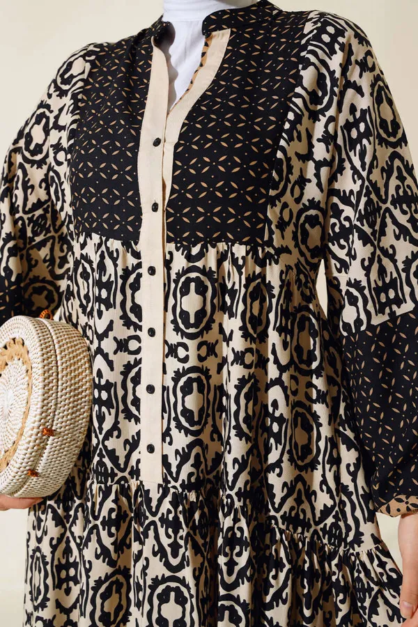 Robe hijab en viscose à motifs crème et noir pour femme 2423