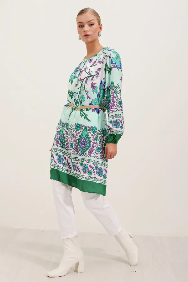 Robe à motifs ceinturée 5902 - Verte