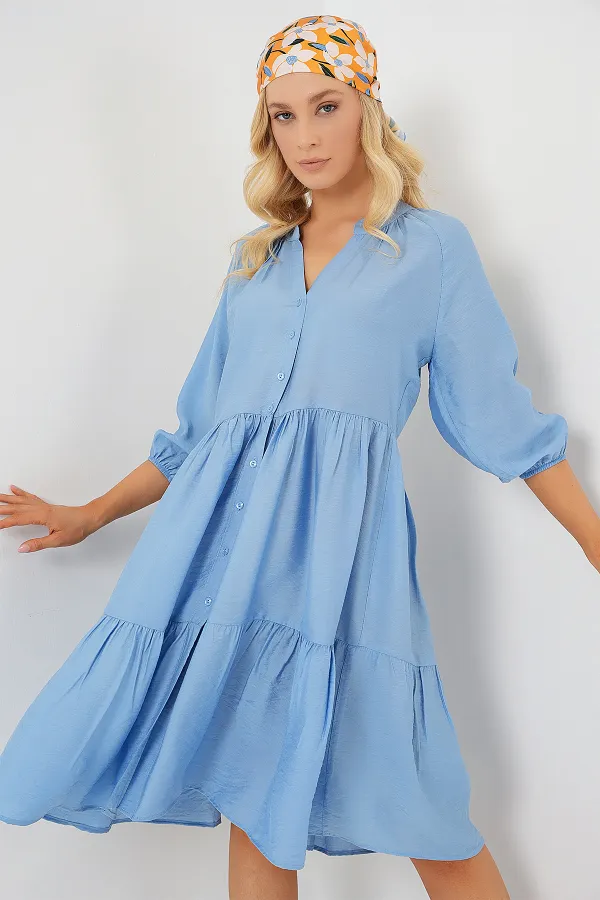 Kadın Düğmeli Kısa Kol Elbise 2559 - İndigo