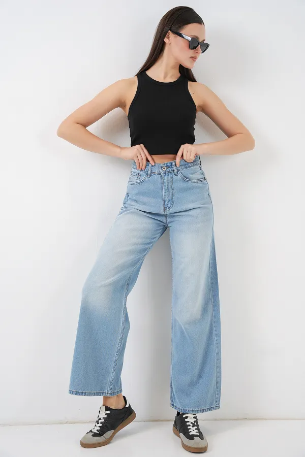 Women's Wide Leg High Waist Palazzo Jeans 6656 - Light Blue